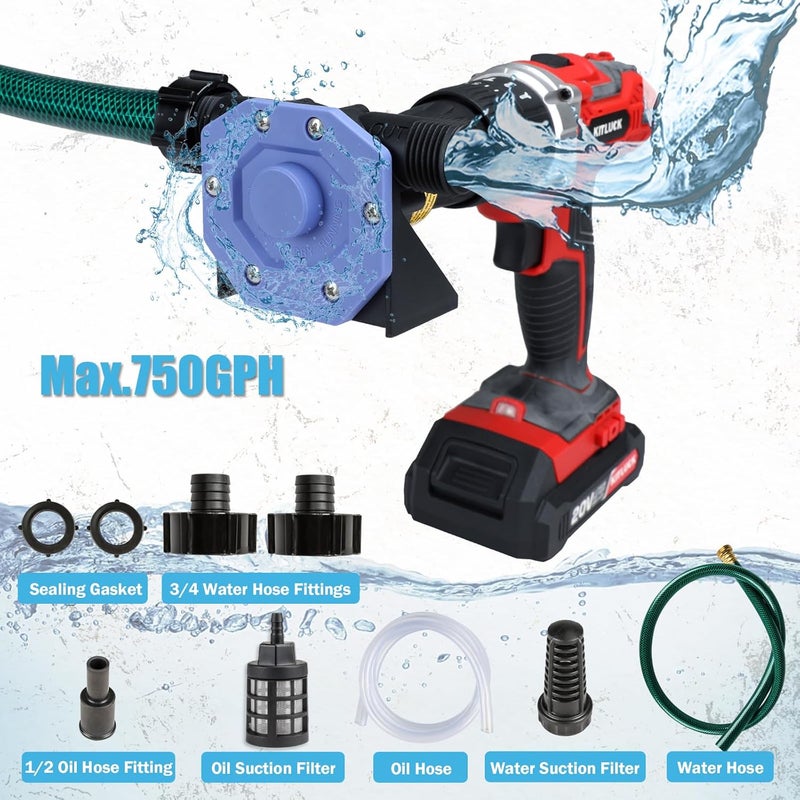 KITLUCK Hand Drill Pump, 750GPH Drill Powered Water Transfer Pump with Water Hose, Oil Tube and Adapter, Manual Water Pump for Drill, Small Self-Priming Electric Drill Pump for Water, Gasoline - Image 2
